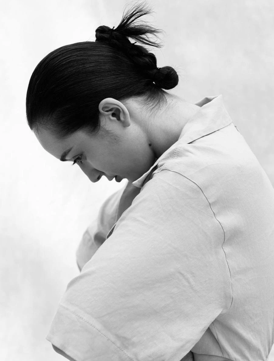 Black-and-white portrait of artist Maryia Zaloznaya